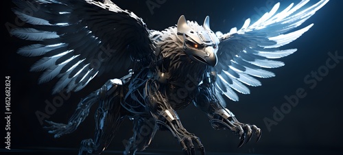 Wolf Garuda Wireframe, mozaic art, captured from the eyes of AI consciousness