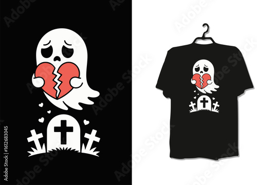 Sad Ghost T-Shirt Design – Editable Heartbroken Spirit Illustration with Grave and Tears on Black Shirt