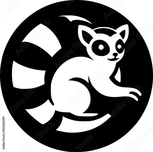 Minimalist black and white ringtail icon with clean lines, no shading, ideal for stickers, logos, or digital use in a modern geometric style.