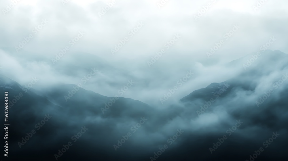 Misty mountain peaks emerging from a dark forest Misty mountain peaks emerging from a dark forest