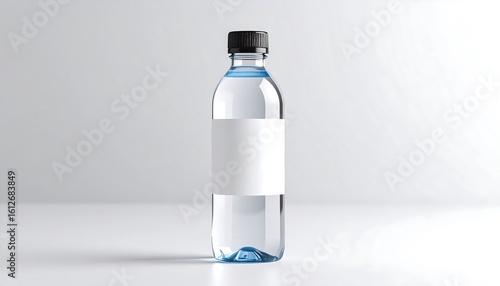 A clear plastic water bottle with a blank white label sits on a white surface against a white background