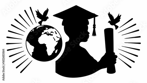 Silhouette of graduate with cap and diploma beside globe and doves radiating light beams design | editable eps vectors