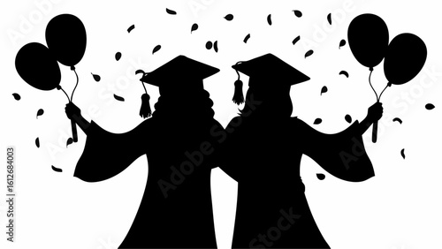 Two graduates in silhouette holding balloons with confetti falling in a graduation celebration scene | editable eps vectors