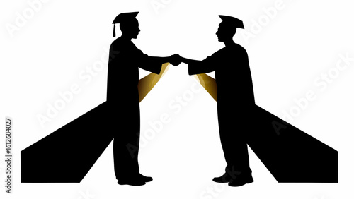 Two graduates in silhouette shaking hands wearing graduation gowns and caps in a celebratory gesture | editable eps vectors