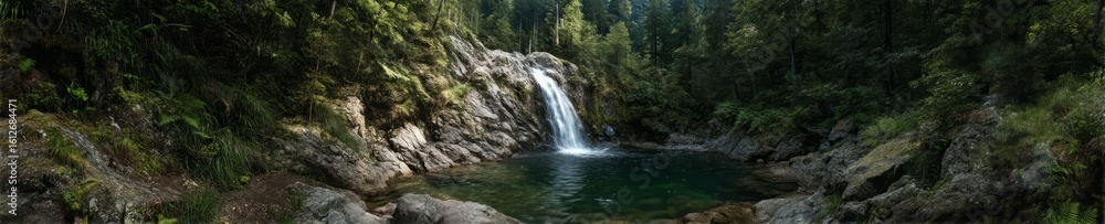 Waterfall adventure forest hdr panoramic view tranquil nature environment 360 degrees Waterfall adventure forest hdr panoramic view tranquil nature environment 360 degrees