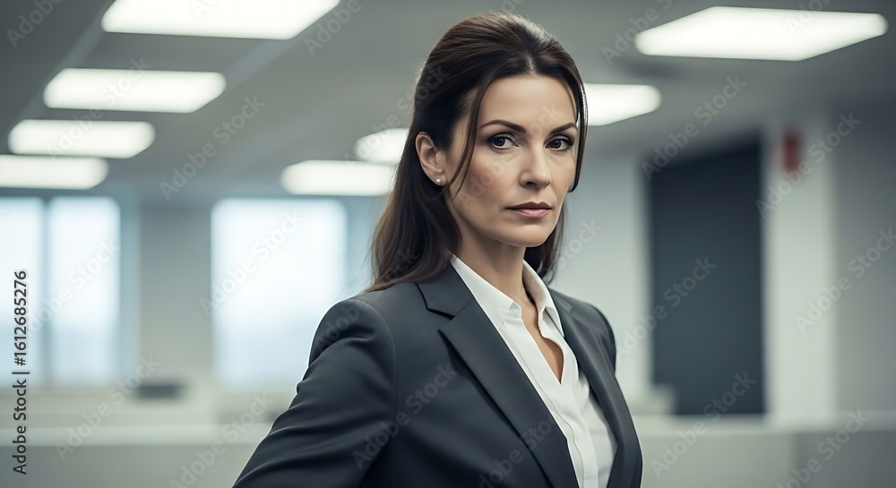Fototapeta premium A powerful and confident businesswoman stands in a modern corporate office. Portrait of a successful female executive leader.