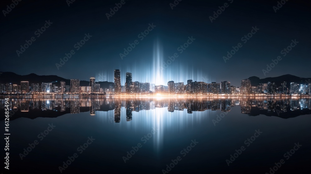 Obraz premium Stunning night cityscape with illuminated skyline and water reflection featu modern skyscrapers and distant mountains under dark sky