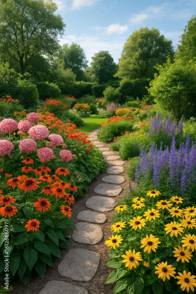 Fototapeta premium Lush garden path with vibrant flowers, stone pathway, and serene green trees create a tranquil outdoor escape. Explore nature's beauty.