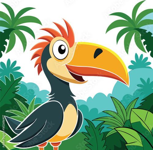 Colorful tropical toucan with a large beak perching on a tree branch in the wild rainforest