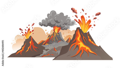 A dramatic volcanic landscape with smoking craters