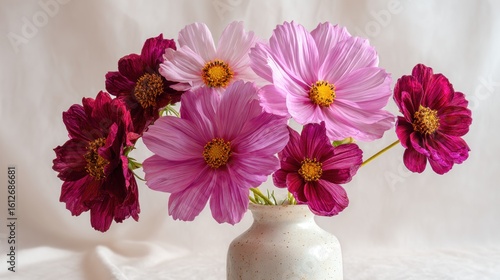 Vibrant bouquet of pink and burgundy cosmos flowers in a vase.