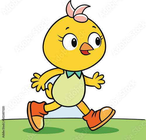 Funny cartoon chicken character holding a yellow egg, isolated vector illustration