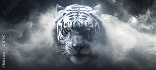 a light white tiger , coming out of the smoke, Generative AI