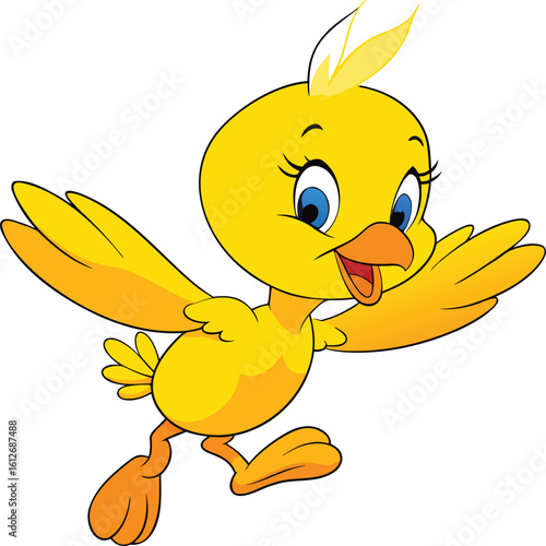 A cute, yellow baby duckling vector illustration with a funny, happy character is isolated on white