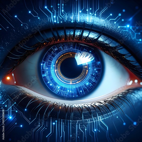 A close-up of a futuristic, technologically enhanced human eye