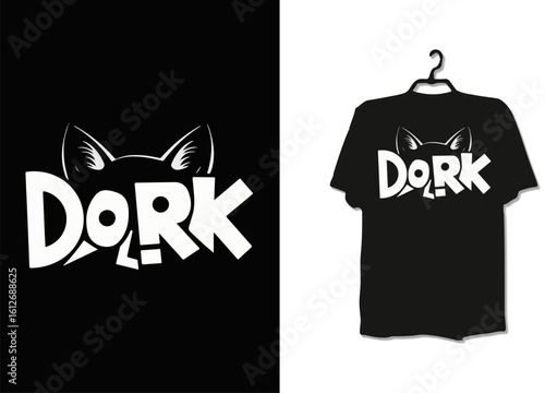 DORK Cat Typography T-Shirt Design – Chunky White Letters with Cat Face “O” on Black Shirt for Pet Lovers and Humorous Fashion