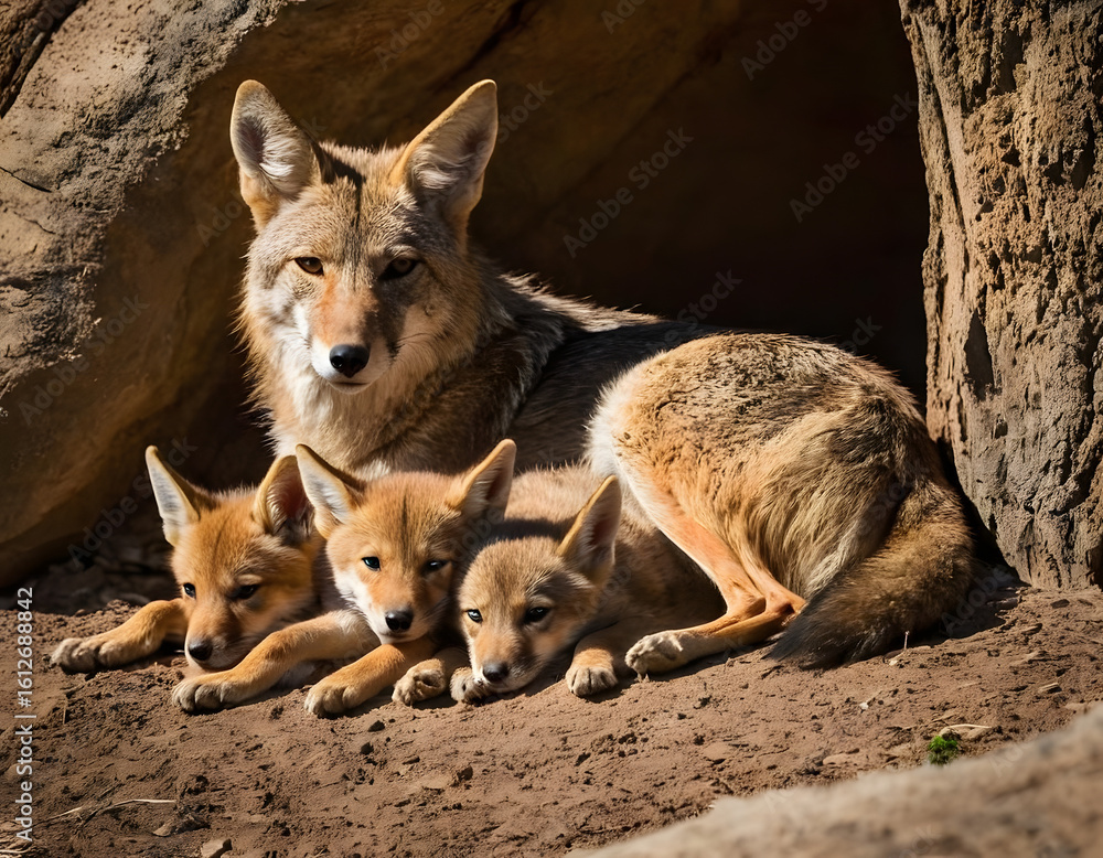 Fototapeta premium Mother Coyote Resting in Den with Playful Pups. A beautiful photo of a coyote family. wolf in the den.