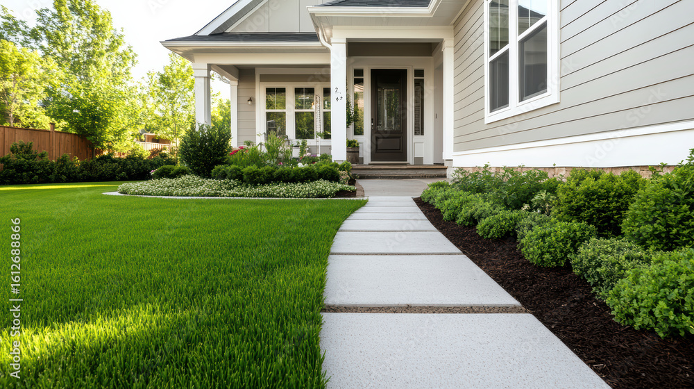 Obraz premium Beautiful suburban home features American style architecture, surrounded by lush greenery