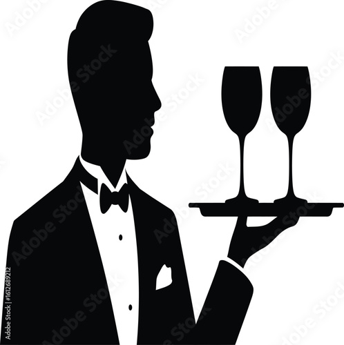 Elegant waiter serving champagne, perfect for upscale dining or cocktail party events and invitations