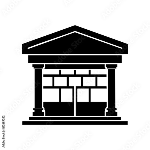 Black and white icon of a bank or governmental building perfect for business presentations, financial reports, and real estate websites.