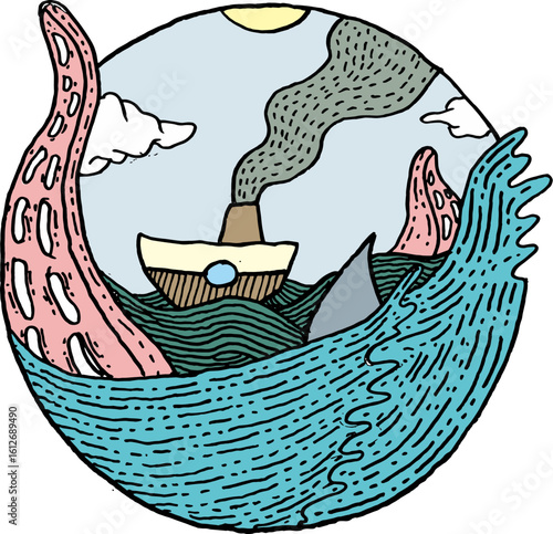 Surreal Nautical Doodle with Tentacles, Ship, and Ocean Waves

A hand-drawn, colored surreal doodle illustration featuring a small boat sailing on turbulent seas, surrounded by giant sea monster tenta
