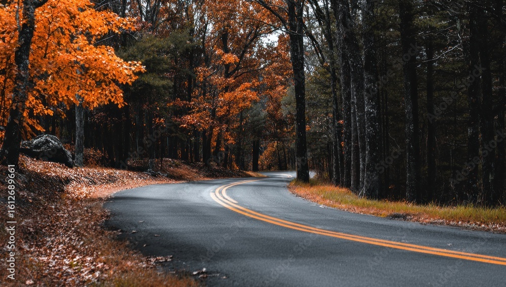 Winding road through autumn forest. Asphalt curves amidst vibrant orange foliage & dark trees. Fallen leaves scattered, creating a serene, autumnal scene Winding road through autumn forest. Asphalt curves amidst vibrant orange foliage & dark trees. Fallen leaves scattered, creating a serene, autumnal scene