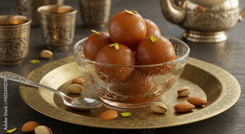 Gulab jamun served in a bowl on a golden tray with nuts