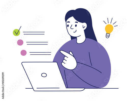Flat cartoon vector illustration of woman working or studying on laptop, completing tasks with checkmarks, girl taking test, selecting correct answers. Education, exams, knowledge and learning