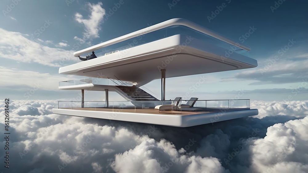 Fototapeta premium Floating terrace in the clouds with futuristic design