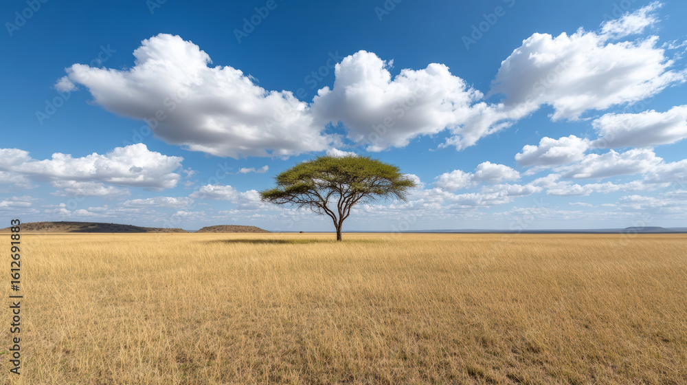 Obraz premium Solitary tree stands vast savanna plain bright blue sky with fluffy clouds. scene evokes sense