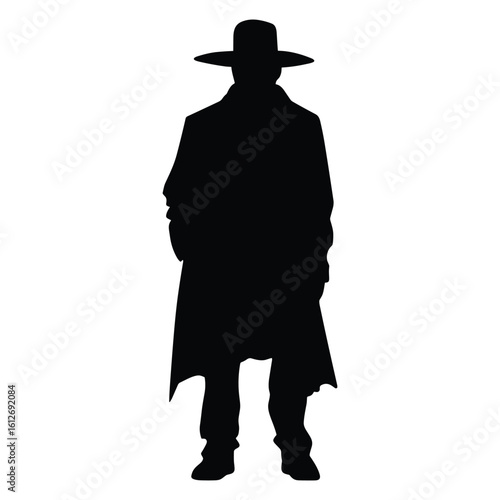 Vector art of silhouette of a cowboy in a long coat and hat isolated on white