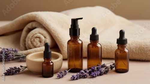 Wallpaper Mural Amber Glass Bottles with Droppers and Pump on Beige Surface with Lavender and Towel l — Spa and Wellness Still Life Torontodigital.ca