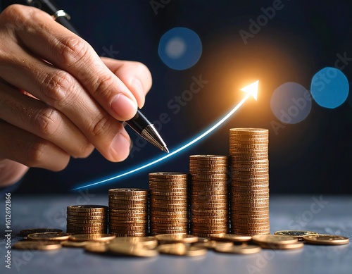 Hand drawing a rising graph over stacks of coins