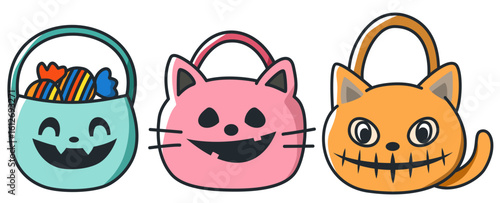 Halloween trick treat bag set includes smiling pumpkin and cat faces with candy inside for festive fun