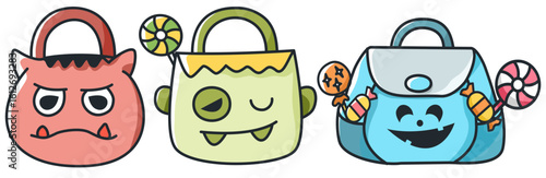Halloween treat bags with trick candy and cute monster faces for fun trick or treat celebration