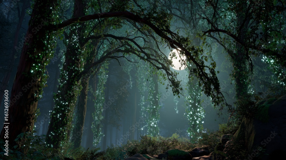 Fototapeta premium Enchanted Forest at Night with Glowing Vines and Mystical Moonlight Illuminating the Scene