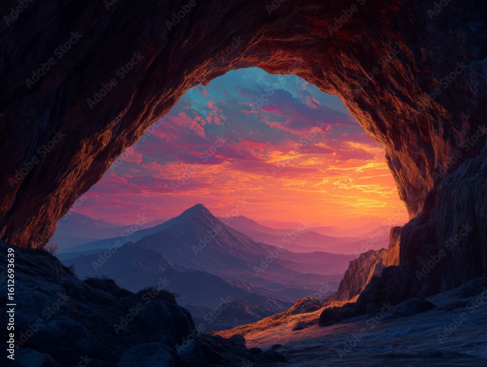 Fototapeta premium Stunning Sunset View through Cave Opening with Dramatic Sky and Framed Mountains in Background