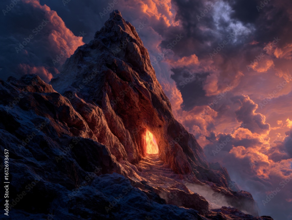 Fototapeta premium Majestic Mountain Landscape with Dramatic Clouds and Glowing Cave Entrance Under Evening Sky at Dusk