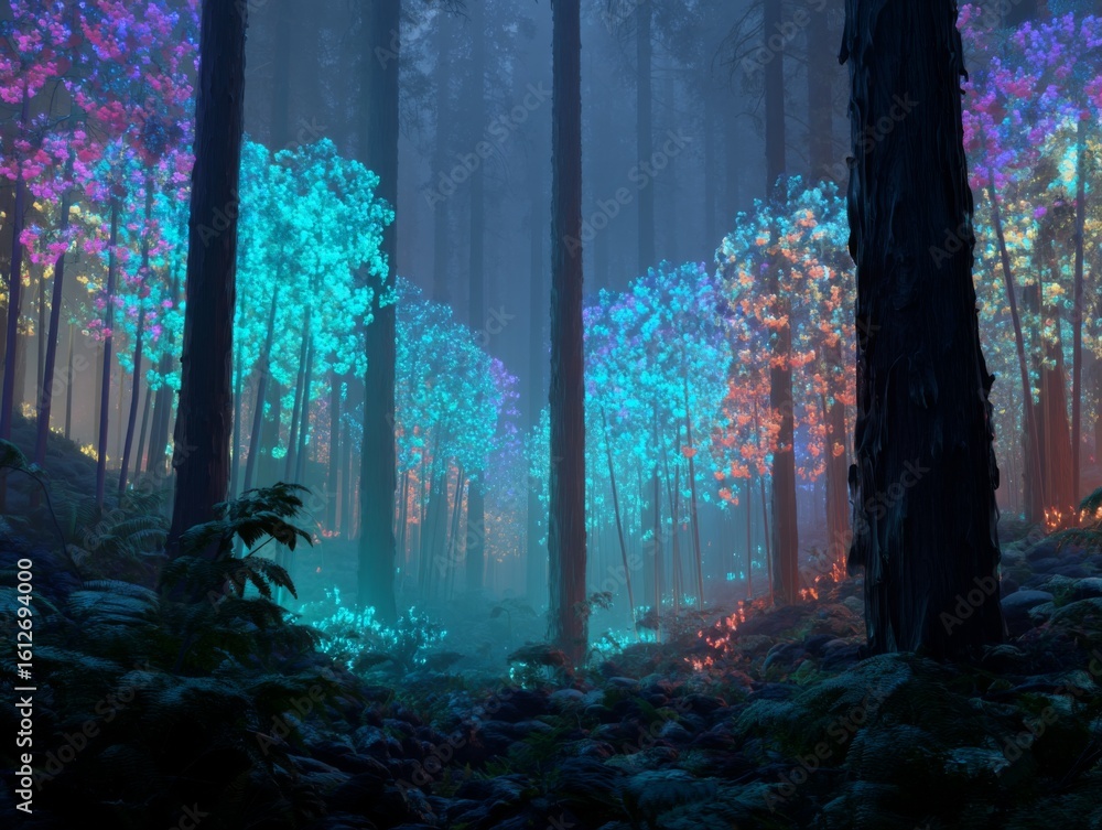 Fototapeta premium Enchanted Forest at Night with Colorful Glowing Trees and Mysterious Fog in a Serene Wilderness Landscape