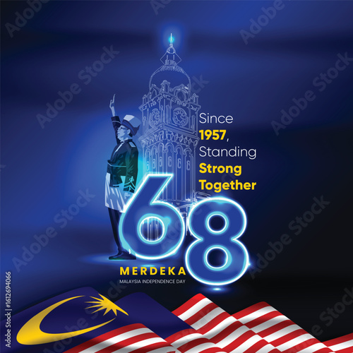 Malaysia 68th Merdeka Day Poster with Neon Design. Featuring glowing neon numbers “68,” a patriotic salute figure, the iconic Sultan Abdul Samad building, and waving Malaysian flags. 