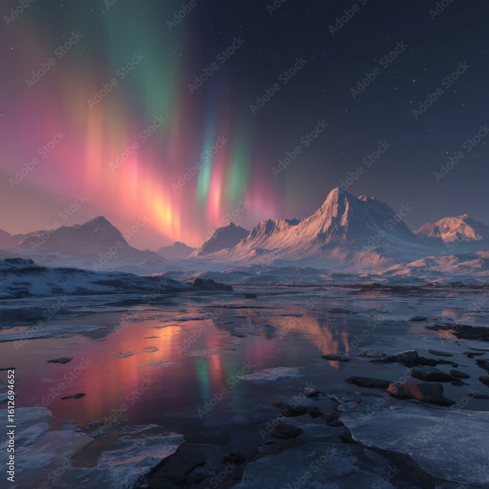 Fototapeta premium Majestic Northern Lights Over Snow-Capped Mountains and Reflective Frozen Lake at Dusk in a Stunning Natural Landscape