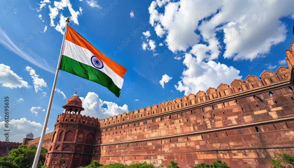 Indian flag waving beside Red Fort under blue sky on sunny day for Independence celebration. Ideal for Independence Day publishing, national pride themes, tourism, and cultural storytelling
