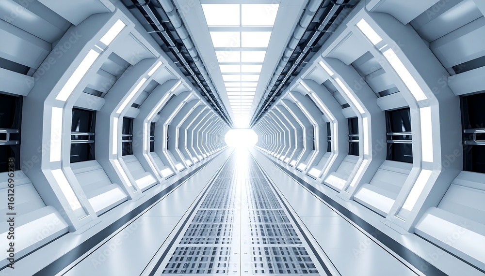 Fototapeta premium Futuristic white corridor extending to bright light