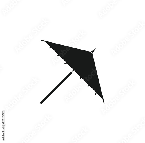 Simple black silhouette of a parasol, angled, isolated on white background.