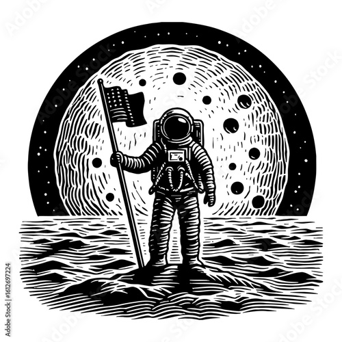 Astronaut planting a flag on the moon's surface against a starry sky in Black and White Outline Line Art Drawing