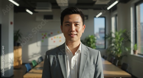 Wallpaper Mural Confident Asian Businessman in Gray Suit Smiling in Bright Modern Office Space Torontodigital.ca