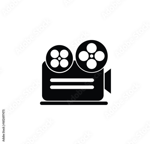 Classic film camera icon, black silhouette, reels, vintage movie projector.