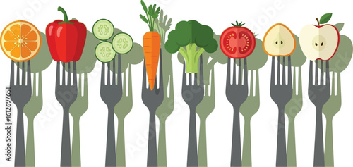 Vibrant fresh fruits and vegetables on forks offer healthy eating inspiration