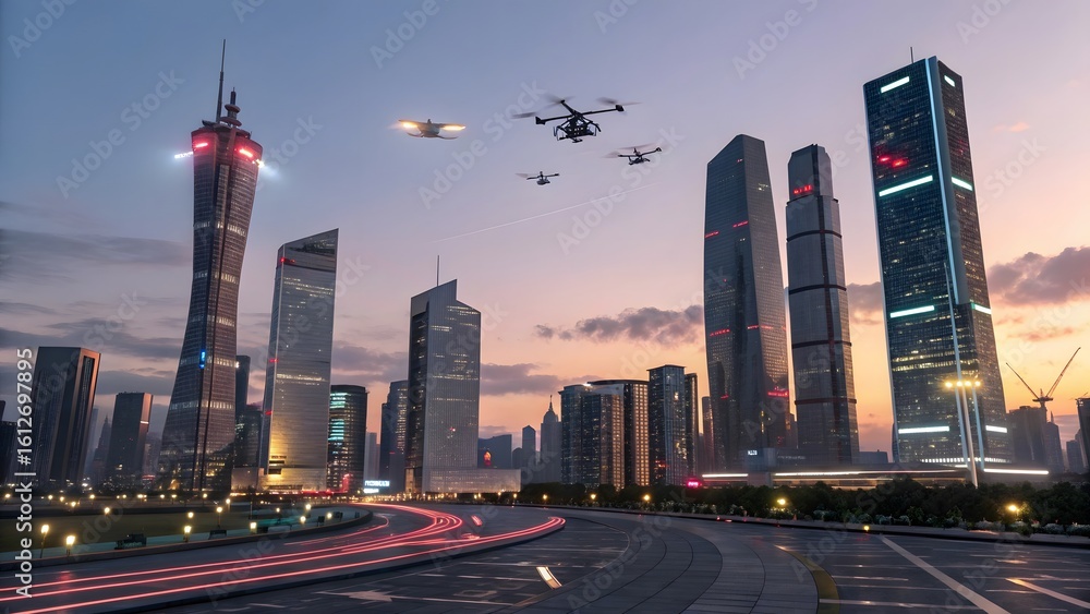 Naklejka premium Cityscape with modern skyscrapers and drone activity at dusk with light trails from traffic below