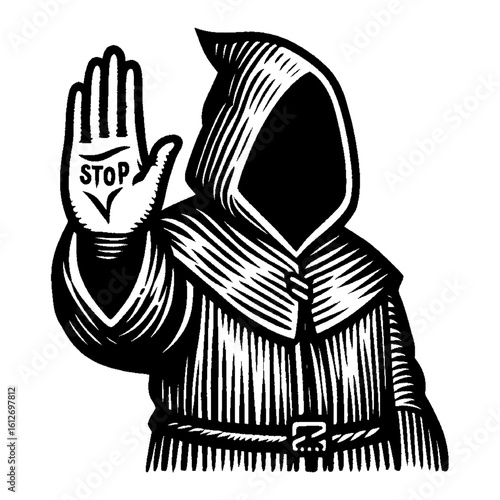 Mysterious Cloaked Figure in Hooded Robe with Hand Raised Showing STOP Symbol Black and White Outline Line Art Drawing